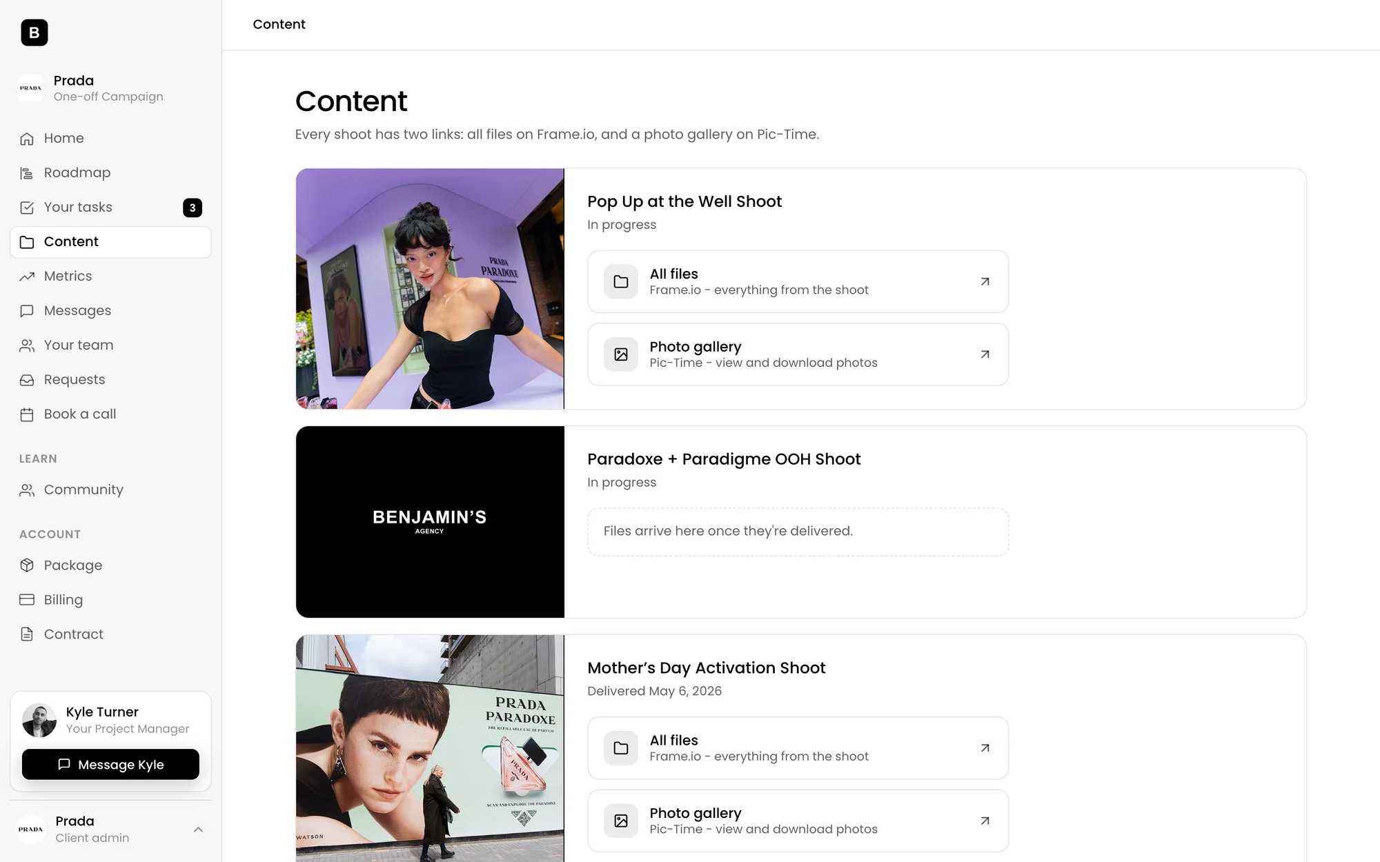 Prada&rsquo;s content page in the Benjamin&rsquo;s Agency app