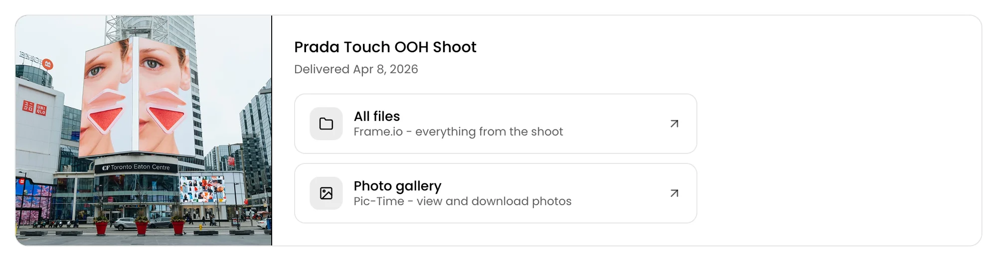 Frame.io and Pic-Time links on the Prada Touch shoot