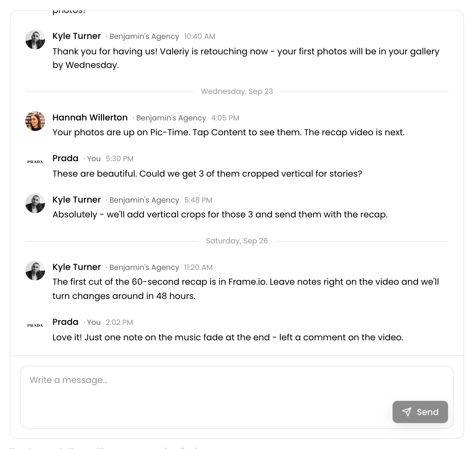 Message thread between Prada and the team