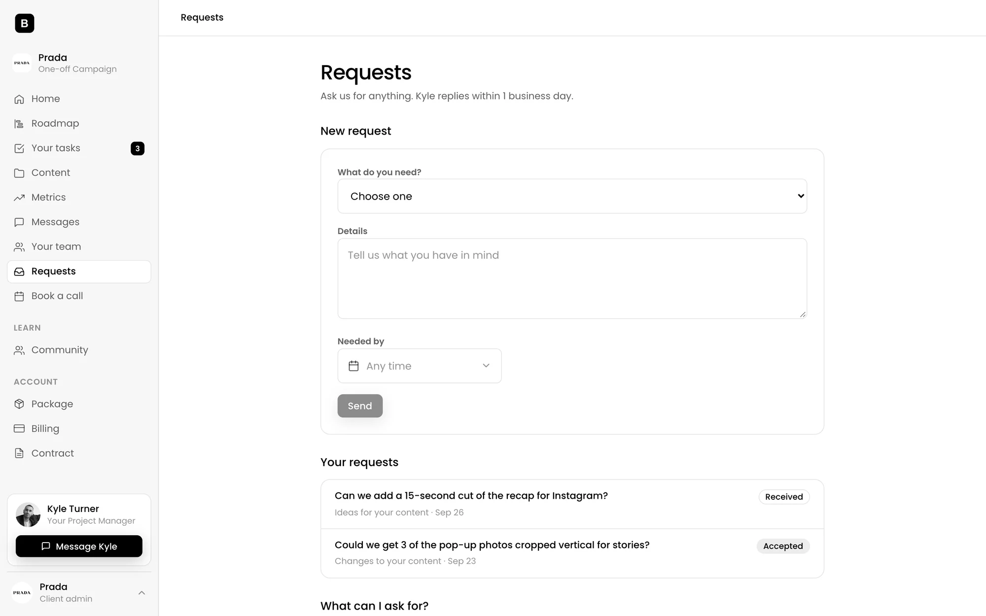 Prada&rsquo;s requests page in the Benjamin&rsquo;s Agency app