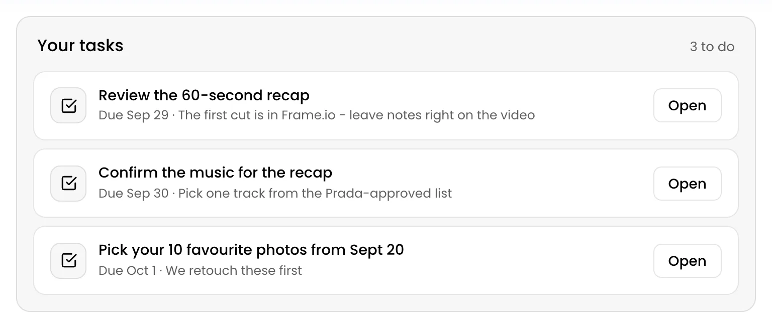 Open tasks on the home page