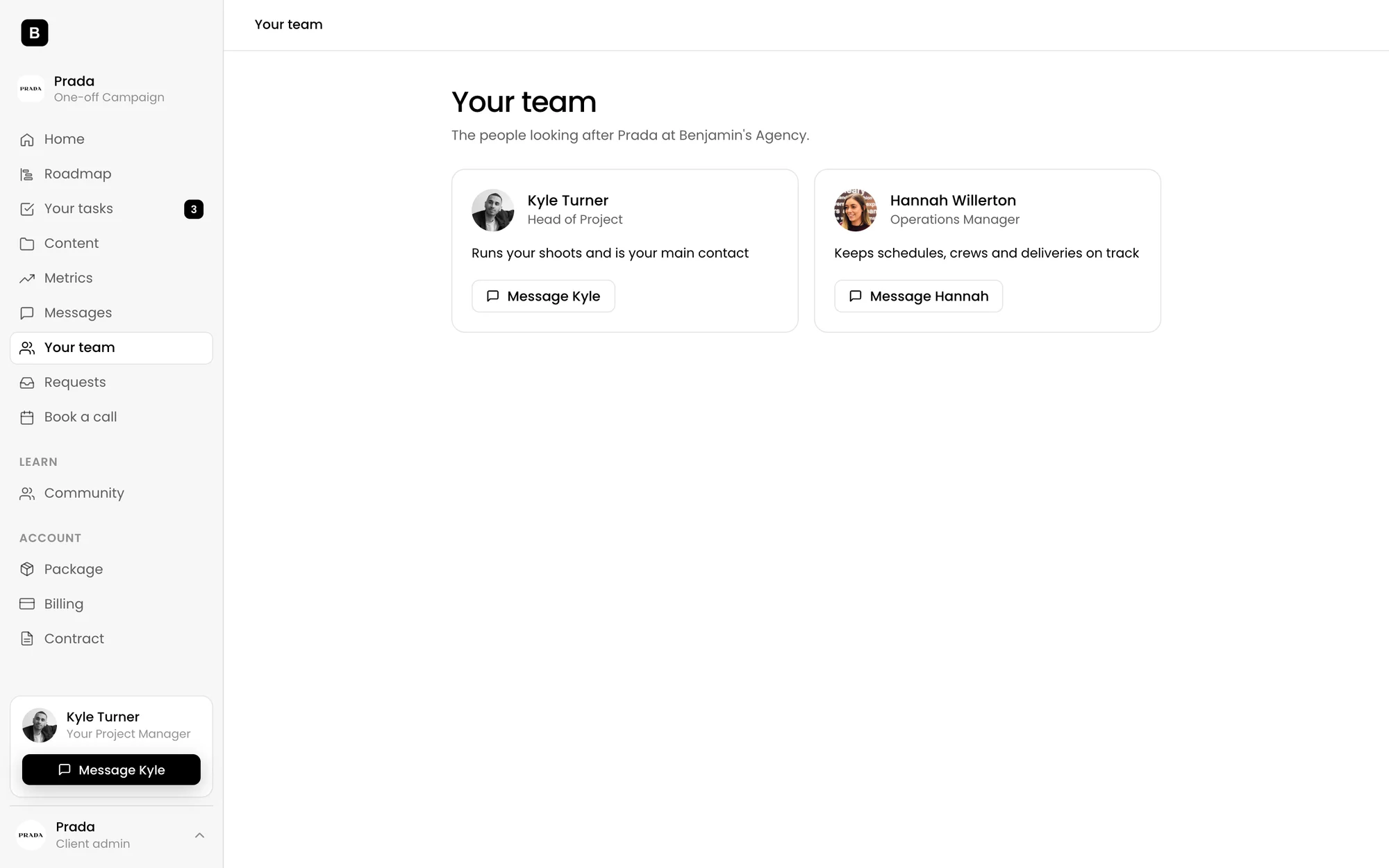 Prada&rsquo;s team page in the Benjamin&rsquo;s Agency app